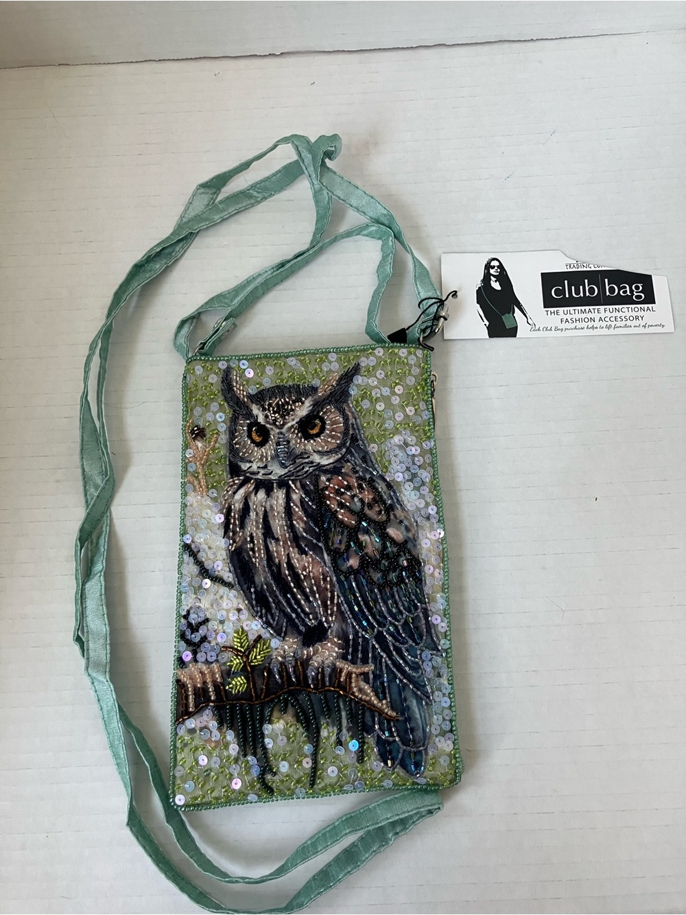 Sequin & Bead Owl Crossbody Club Bag Pouch & Zipper Pocket Mint Green Brown